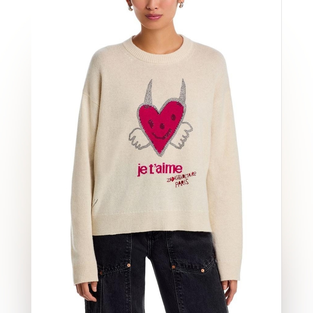 ZADIG & VOLTAIRE CashmereMarkuz Coeur Art Sweater Size LARGE